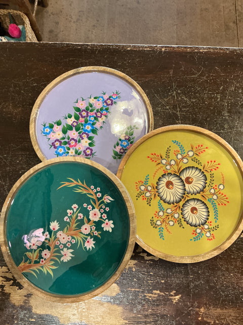 Enameled Wooden Floral Tray